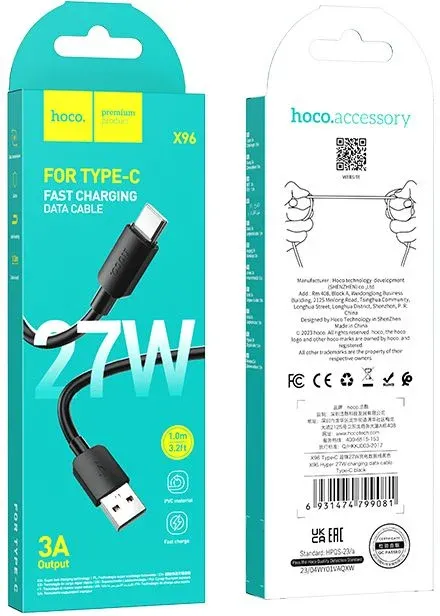 Кабель Hoco X96 Hyper X96 HYPER 27W TYPE-C USB m-USB Type-C m 1м черный коробка - фото 5