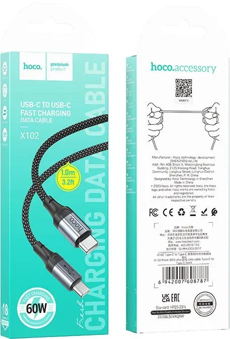 Кабель Hoco X102 Fresh Type-C to Type-C USB Type-C m-USB Type-C m 1м черный коробка - фото 7