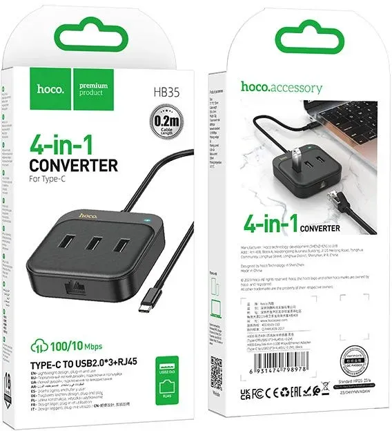 Разветвитель USB-C Hoco HB35 4порт. черный - фото 6