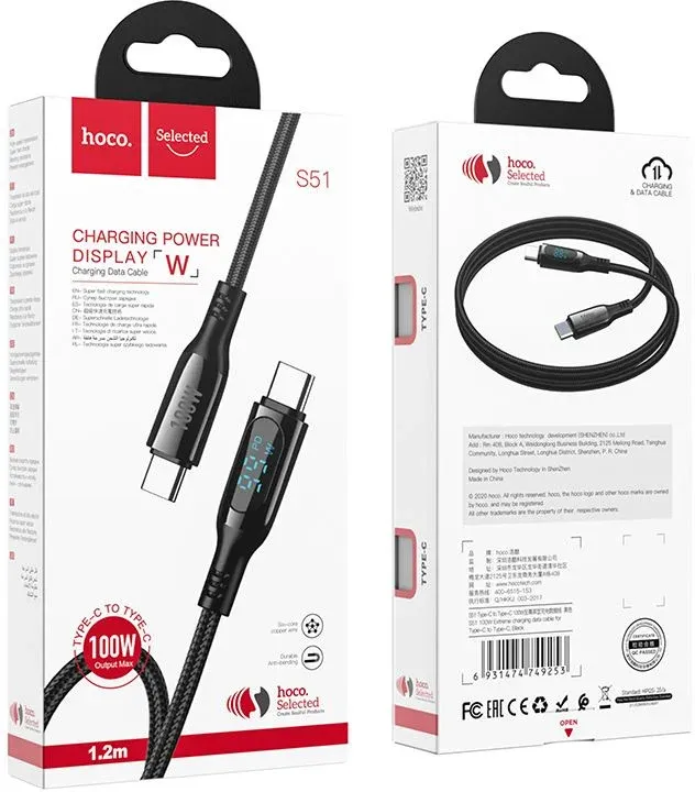 Кабель Hoco S51 100W Extreme USB Type-C m-USB Type-C m 1.2м черный - фото 4