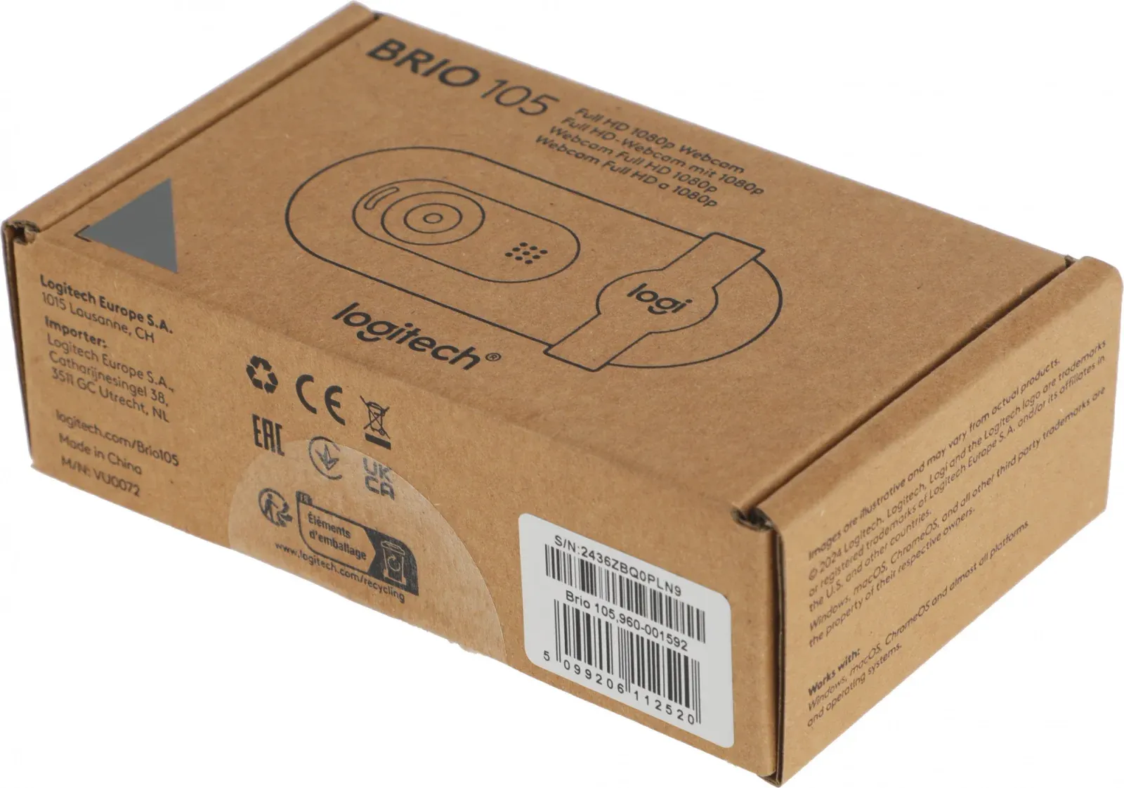 Камера Web Logitech HD Webcam Brio 105 графитовый 2Mpix 1920x1080 USB2.0 с микрофоном для ноутбука 960-001592
