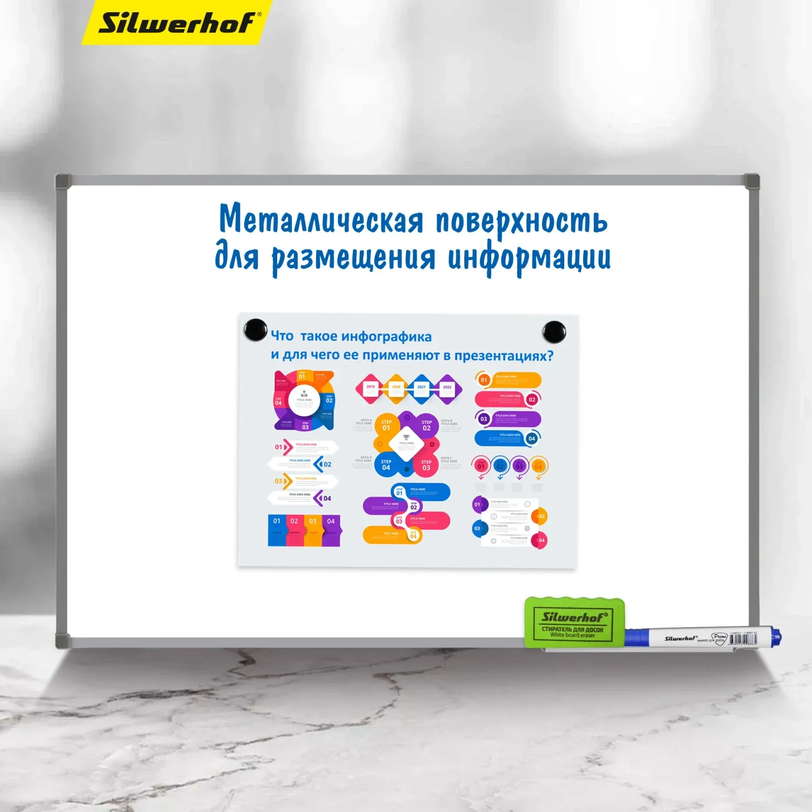 Доска магнитно-маркерная Silwerhof лак белый 100x150см алюминиевая рама лоток для аксессуаров - фото 8