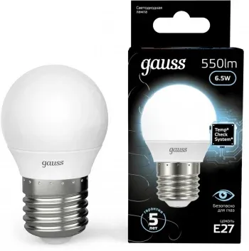 Лампа светодиодная Gauss 6.5Вт цок.:E27 шар 220B св.свеч.бел.нейт. P45 упак.:10шт 105102207 - фото 7