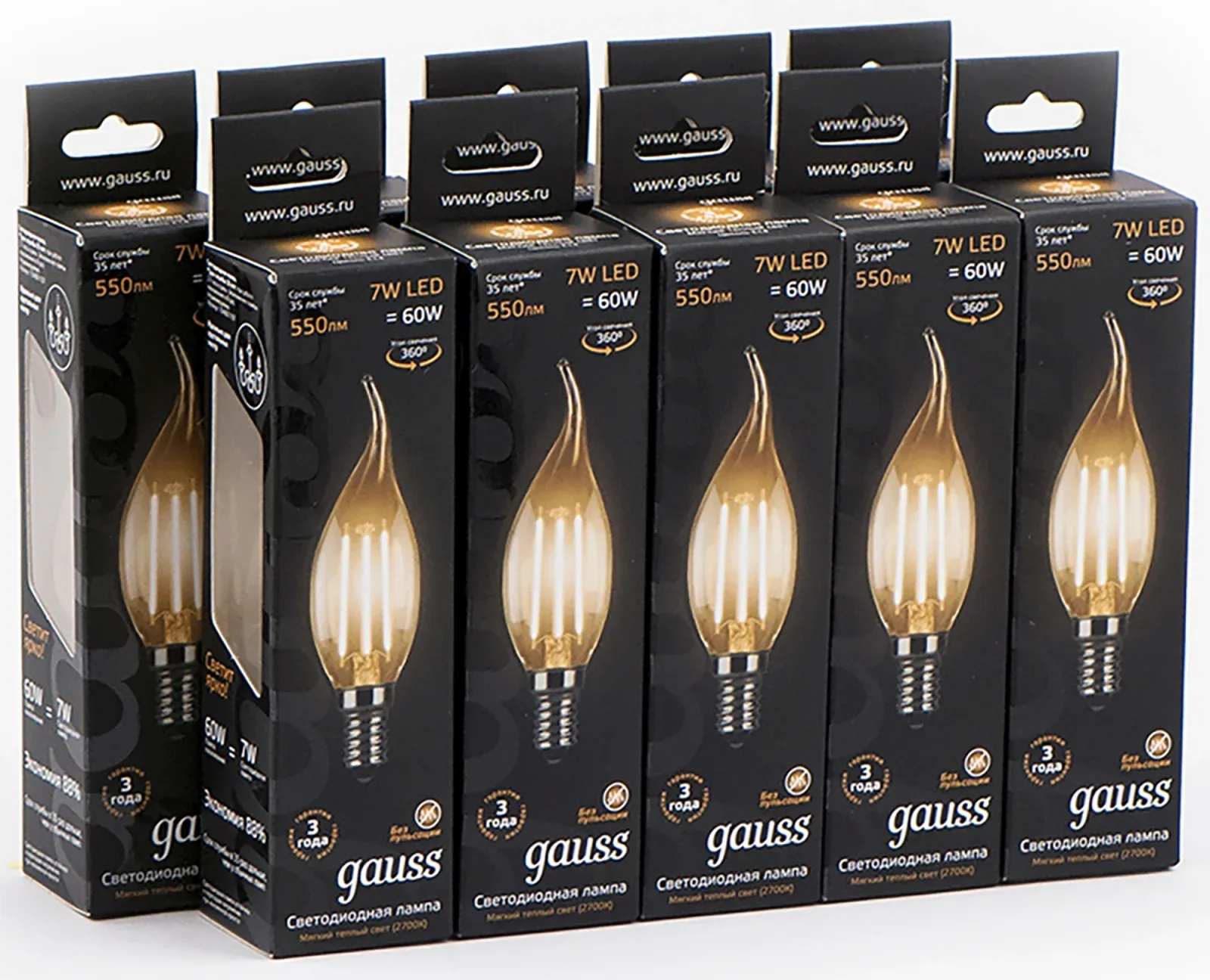 Лампа светодиодная Gauss Filament 7Вт цок.:E14 свеча 220B св.свеч.бел.теп. CF35 упак.:10шт 104801107 - фото 3