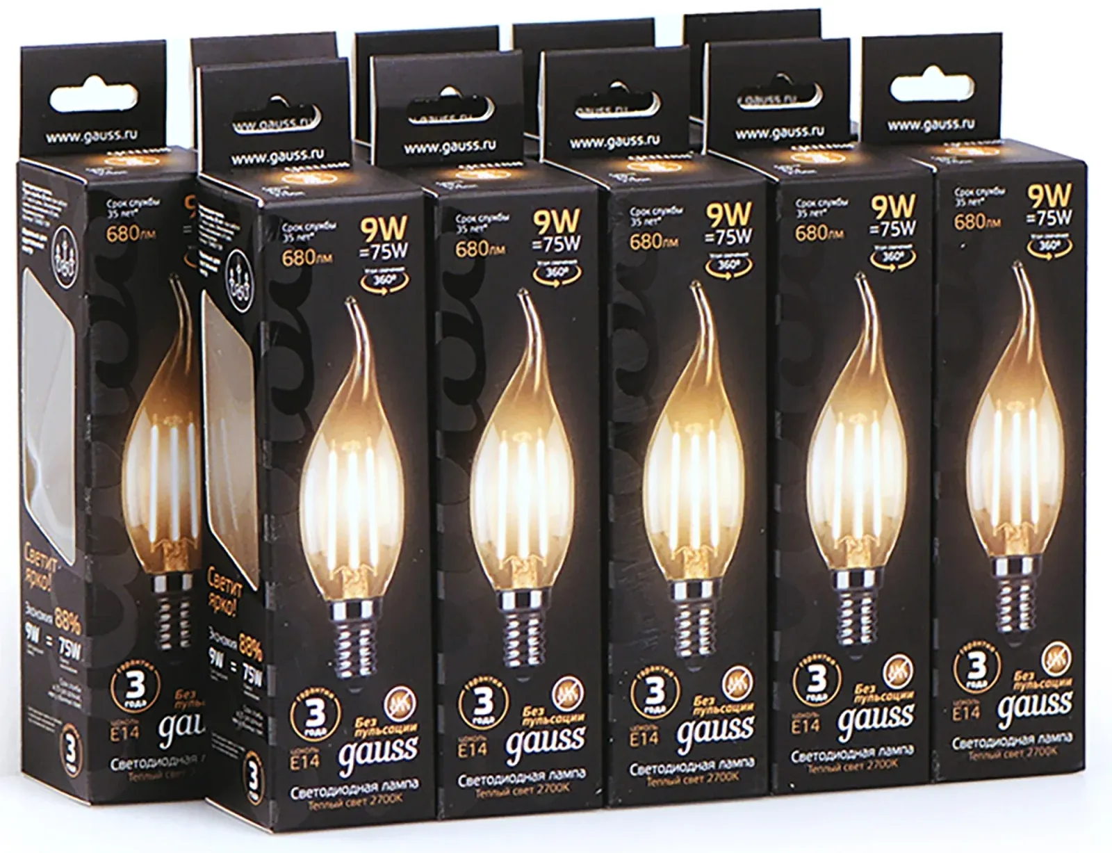 Лампа светодиодная Gauss Filament 9Вт цок.:E14 свеча 220B св.свеч.бел.теп. CF35 упак.:10шт 104801109 - фото 2