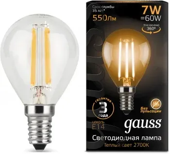 Лампа светодиодная Gauss 7Вт цок.:E14 шар 220B св.свеч.бел.теп. P45 упак.:10шт 105801107 - фото 7
