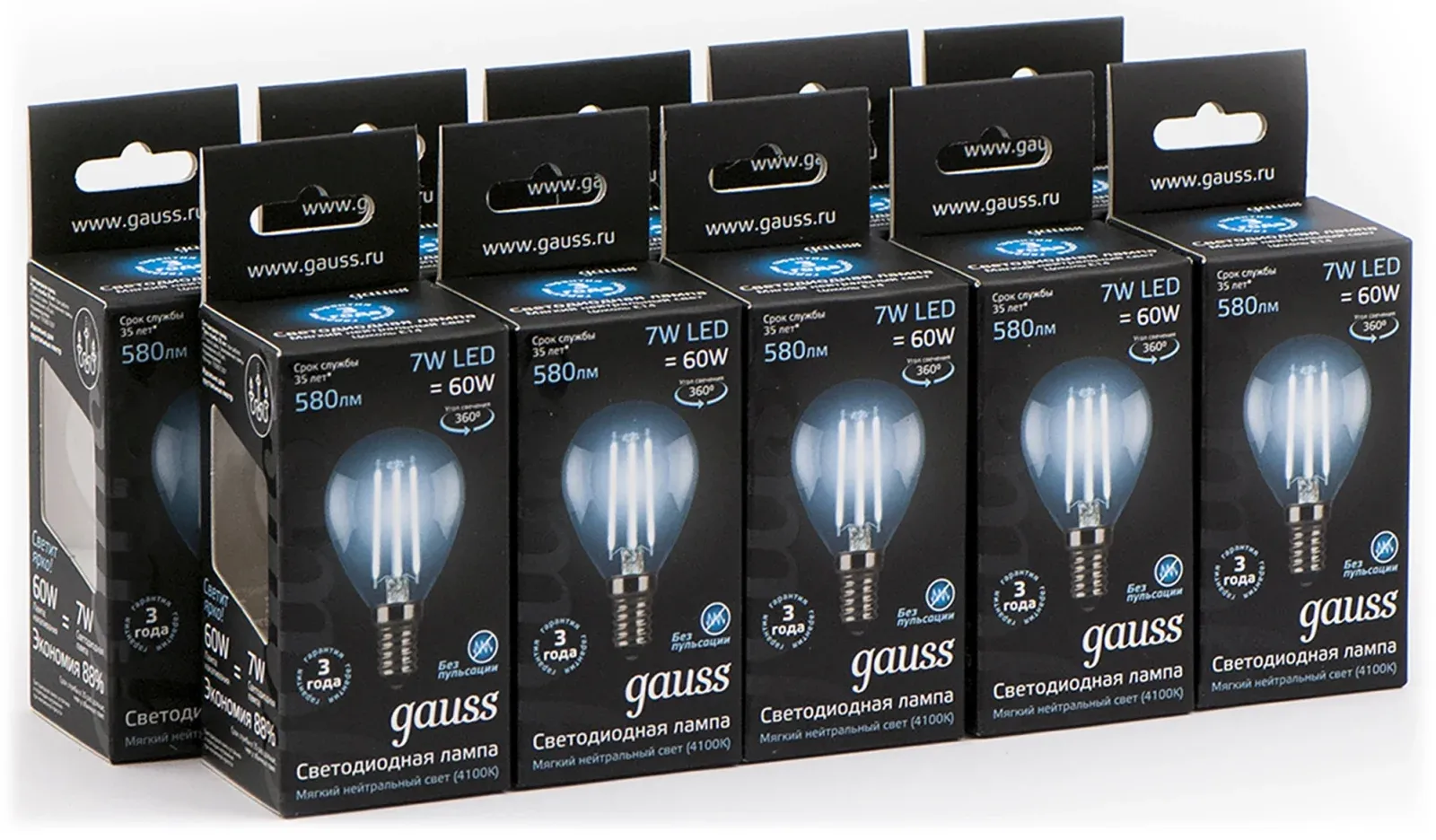 Лампа светодиодная Gauss Filament 7Вт цок.:E14 шар 220B св.свеч.бел.нейт. P45 упак.:10шт 105801207, прозрачный - фото 3