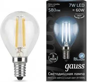 Лампа светодиодная Gauss Filament 7Вт цок.:E14 шар 220B св.свеч.бел.нейт. P45 упак.:10шт 105801207, прозрачный - фото 7