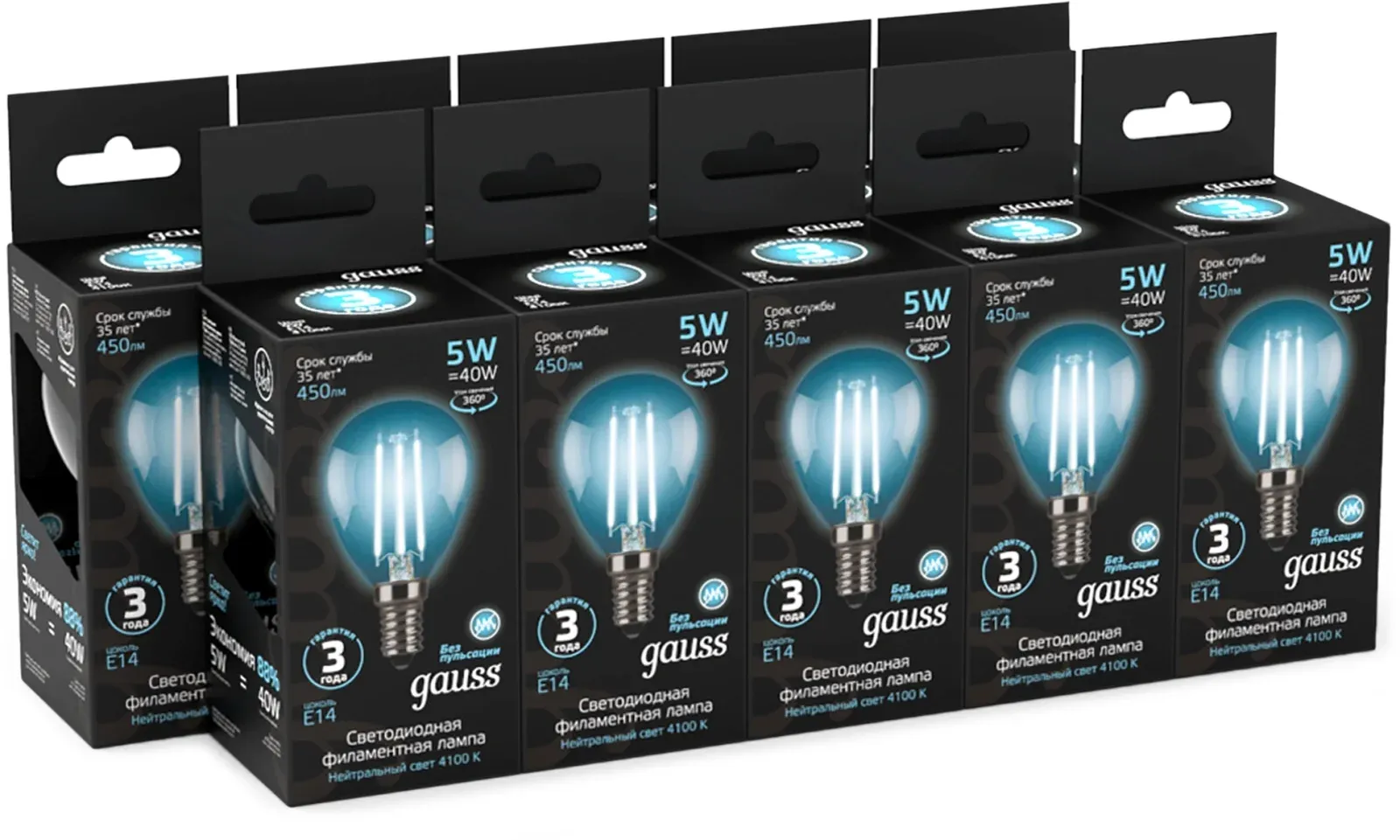 Лампа филам. Gauss Filament 5Вт цок.:E14 свеча 220B св.свеч.бел.нейт. упак.:10шт 105801205, прозрачный - фото 3