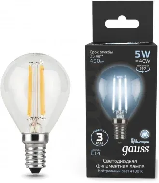 Лампа филам. Gauss Filament 5Вт цок.:E14 свеча 220B св.свеч.бел.нейт. упак.:10шт 105801205, прозрачный - фото 7