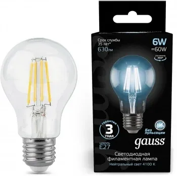 Лампа филам. Gauss Filament A60 6Вт цок.:E27 груша 220B св.свеч.бел.нейт. упак.:10шт 102802206, прозрачный - фото 7