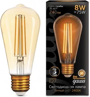 Лампа филам. Gauss Filament ST64 8Вт цок.:E27 эдисон 220B св.свеч.бел.теп. упак.:10шт 157802008, прозрачный - фото 8