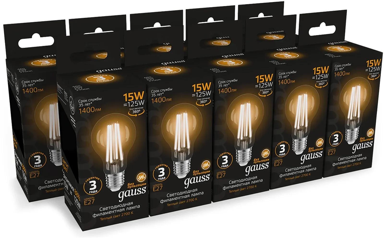 Лампа светодиодная Gauss Filament 102902115 15Вт цок.:E27 груша 220B св.свеч.бел.теп. упак.:10шт, прозрачный - фото 3