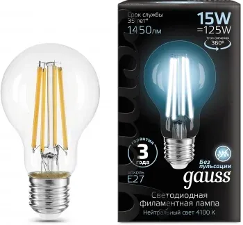 Лампа светодиодная Gauss Filament 102902215 15Вт цок.:E27 груша 220B св.свеч.бел.нейт. упак.:10шт, прозрачный - фото 7