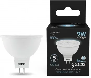Лампа светодиодная Gauss 101505209 9Вт цок.:GU5.3 рефлек. 220B св.свеч.бел.нейт. MR16 упак.:10шт - фото 7