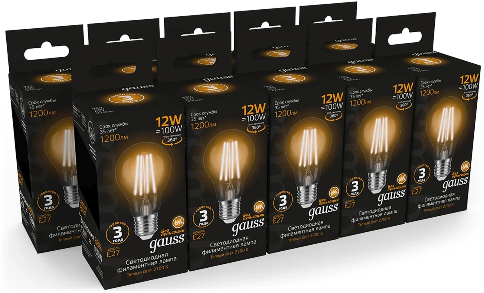 Лампа светодиодная Gauss Filament 102902112 12Вт цок.:E27 груша 185B св.свеч.бел.теп. грушевидная упак.:10шт - фото 3