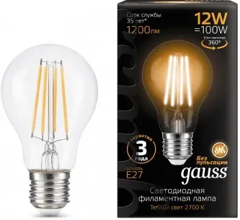 Лампа светодиодная Gauss Filament 102902112 12Вт цок.:E27 груша 185B св.свеч.бел.теп. грушевидная упак.:10шт - фото 8