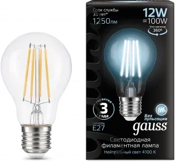 Лампа светодиодная Gauss Filament 102902212 12Вт цок.:E27 груша 185B св.свеч.бел.нейт. грушевидная упак.:10шт, прозрачный - фото 7