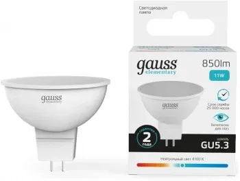 Лампа светодиодная Gauss Elementary 13521 11Вт цок.:GU5.3 софит 220B св.свеч.бел.нейт. MR16 упак.:10шт - фото 7