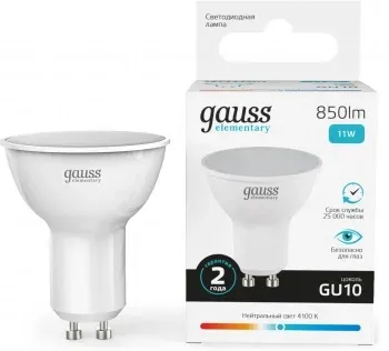 Лампа светодиодная Gauss Elementary 13621 11Вт цок.:GU10 софит 220B св.свеч.бел.нейт. MR16 упак.:10шт - фото 7