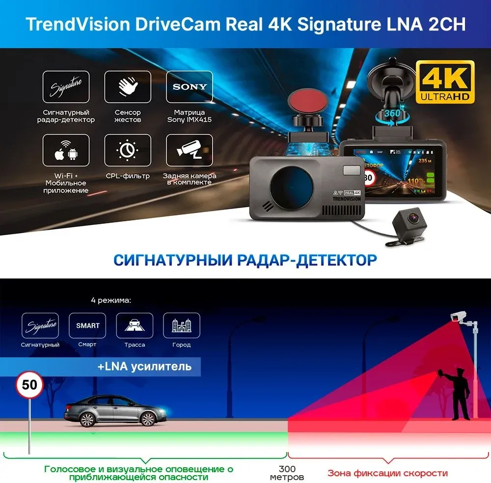 Видеорегистратор с радар-детектором TrendVision DriveCam Real 4K Signature LNA 2CH черный 2160p 140гр. GPS MStar 8629 - фото 2