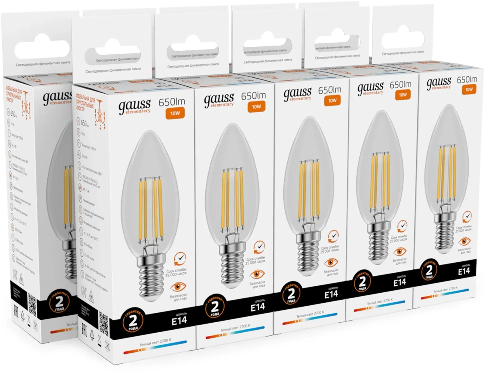 Лампа филам. Gauss Filament 10Вт цок.:E14 свеча 220B св.свеч.бел.теп. упак.:10шт 32110, прозрачный - фото 3
