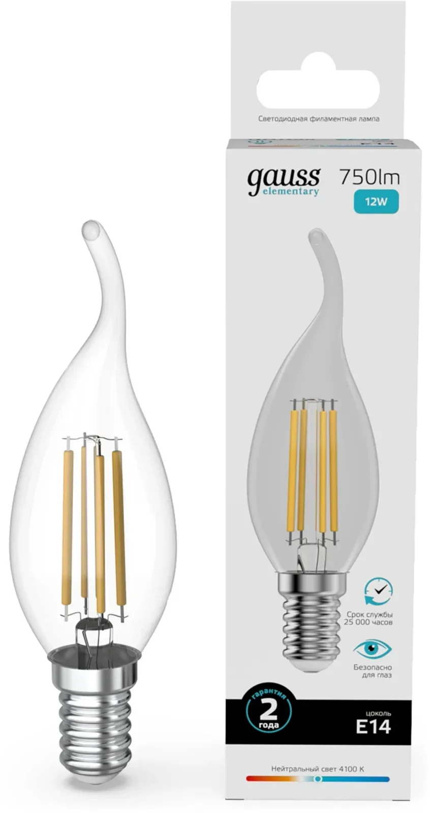 Лампа филам. Gauss Filament 12Вт цок.:E14 свеча 220B св.свеч.бел.нейт. упак.:10шт 42122, прозрачный - фото 1
