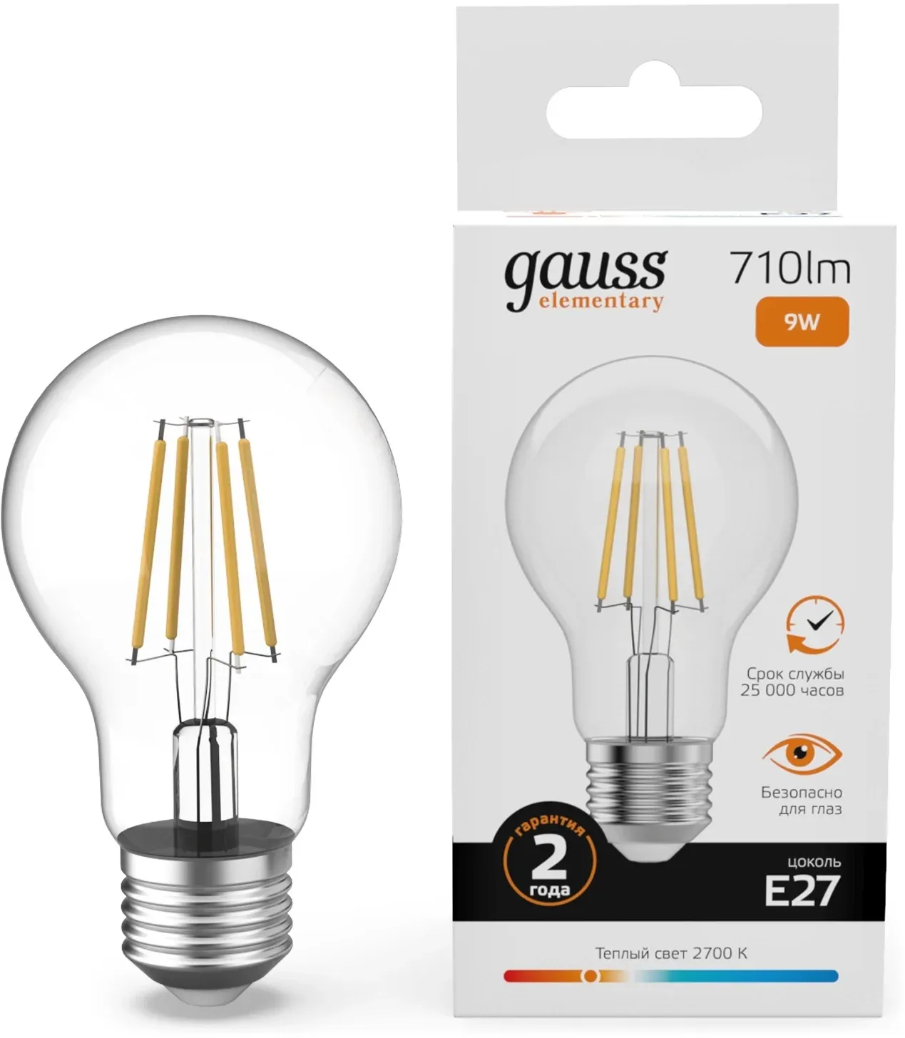 Лампа филам. Gauss Filament 9Вт цок.:E27 груша 220B св.свеч.бел.теп. упак.:10шт 22219, прозрачный - фото 1