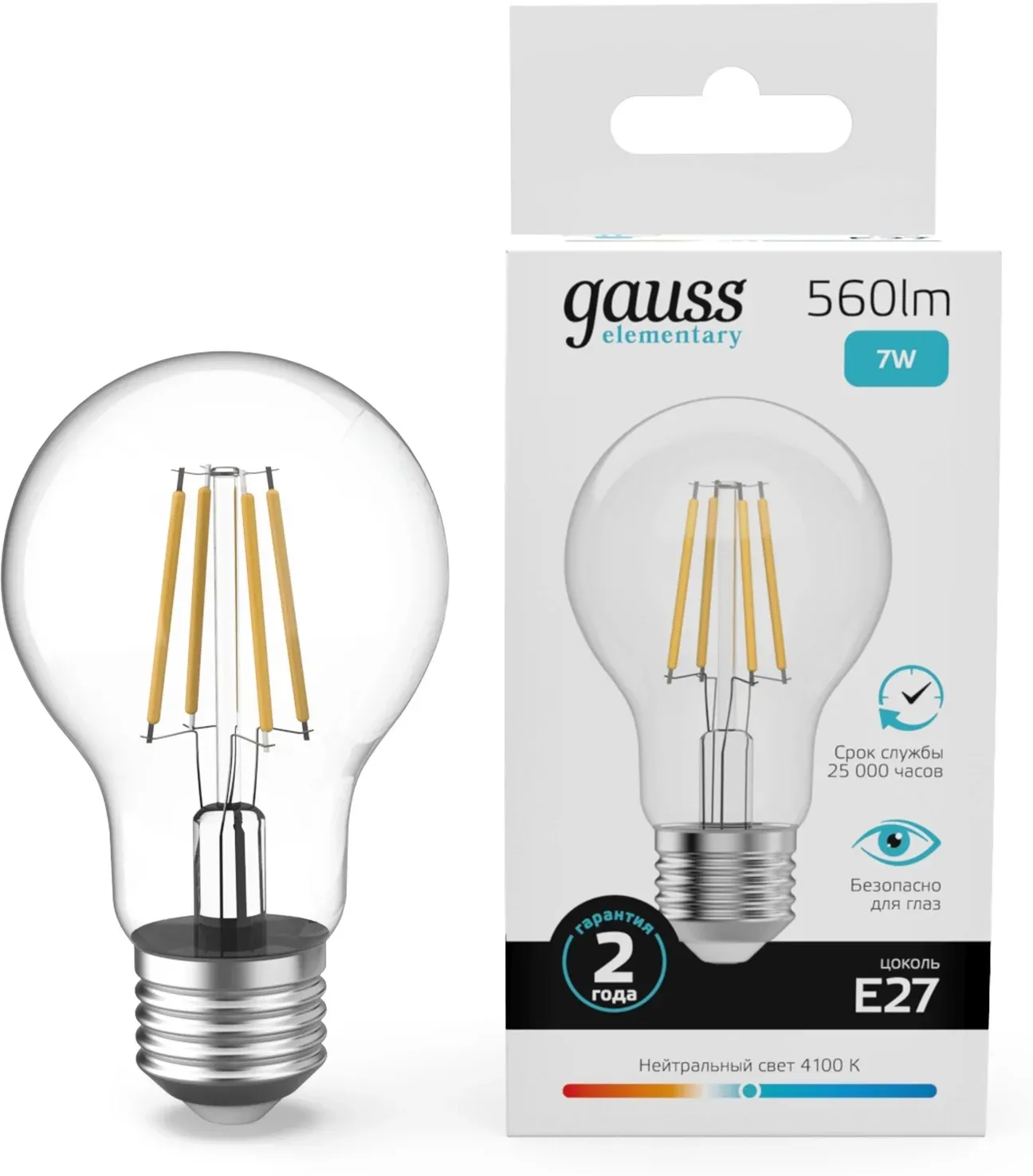 Лампа филам. Gauss Filament 7Вт цок.:E27 груша 220B св.свеч.бел.нейт. упак.:10шт 22227, прозрачный - фото 1
