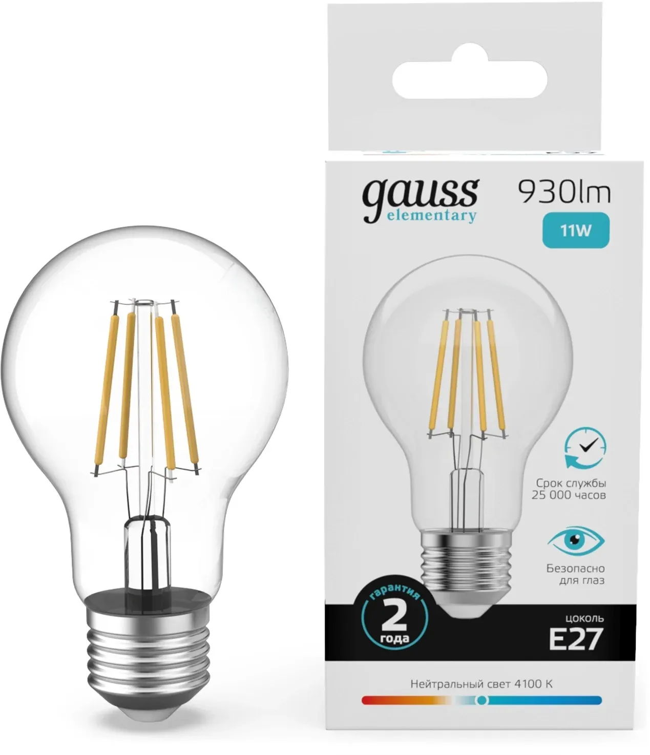 Лампа филам. Gauss Filament 11Вт цок.:E27 груша 220B св.свеч.бел.нейт. упак.:10шт 22221, прозрачный - фото 1