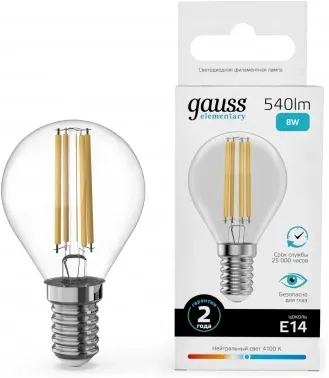 Лампа филам. Gauss Filament 8Вт цок.:E14 шар 220B св.свеч.бел.нейт. упак.:10шт 52128, прозрачный - фото 7