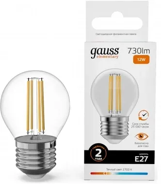 Лампа филам. Gauss Filament 12Вт цок.:E27 шар 220B св.свеч.бел.теп. упак.:10шт 52212, прозрачный - фото 7