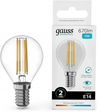 Лампа филам. Gauss Filament 10Вт цок.:E14 шар 220B св.свеч.бел.нейт. упак.:10шт 52120, прозрачный - фото 7