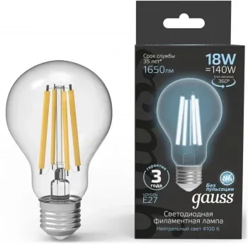 Лампа филам. Gauss Filament 18Вт цок.:E27 груша 220B св.свеч.бел.нейт. упак.:10шт 102902218, прозрачный - фото 7