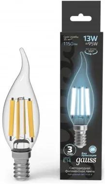 Лампа филам. Gauss Filament 13Вт цок.:E14 свеча 220B св.свеч.бел.нейт. упак.:10шт 104801213, прозрачный - фото 7