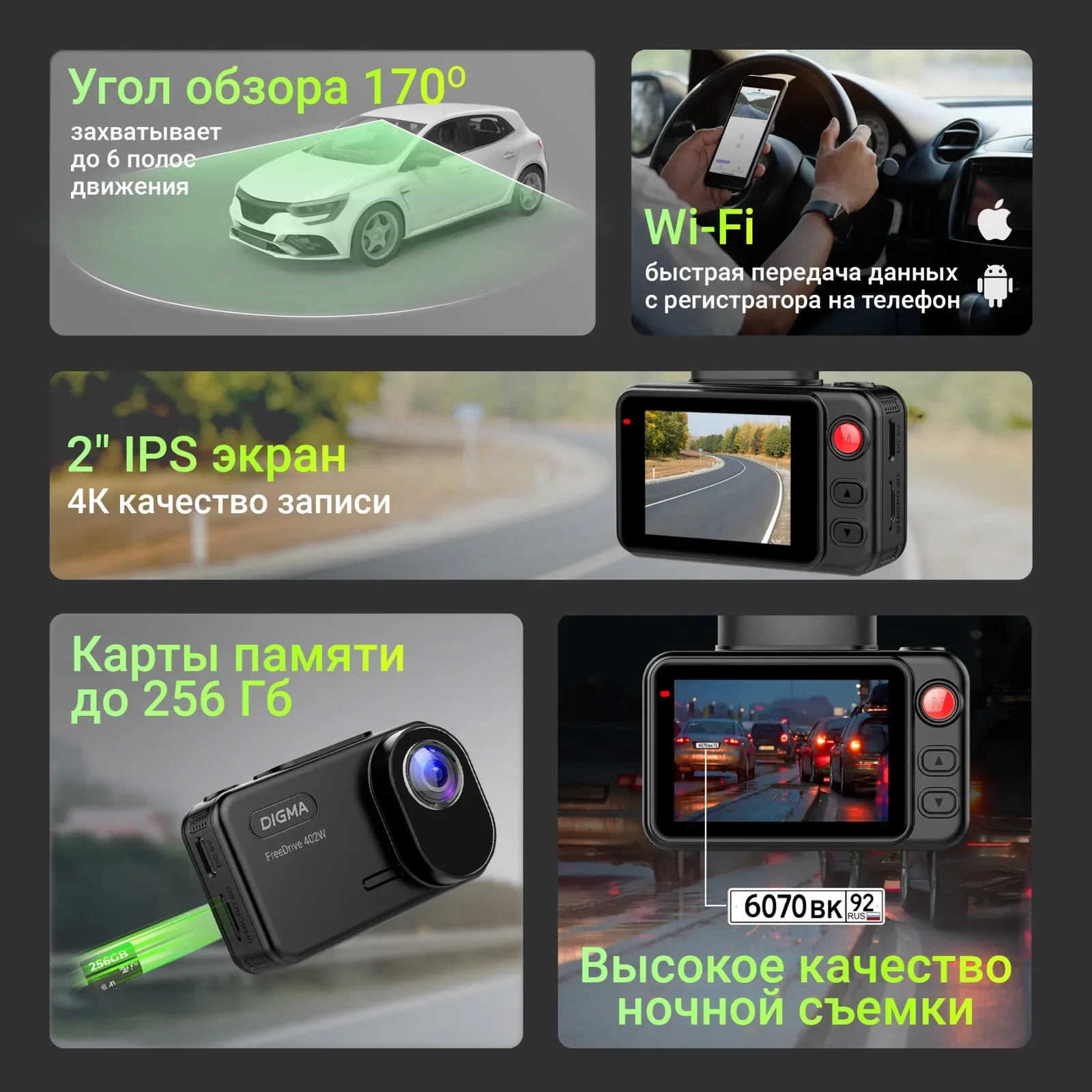 Видеорегистратор Digma FreeDrive 402W черный 4Mpix 2160x3840 1080p 170гр. SA 223 - фото 3