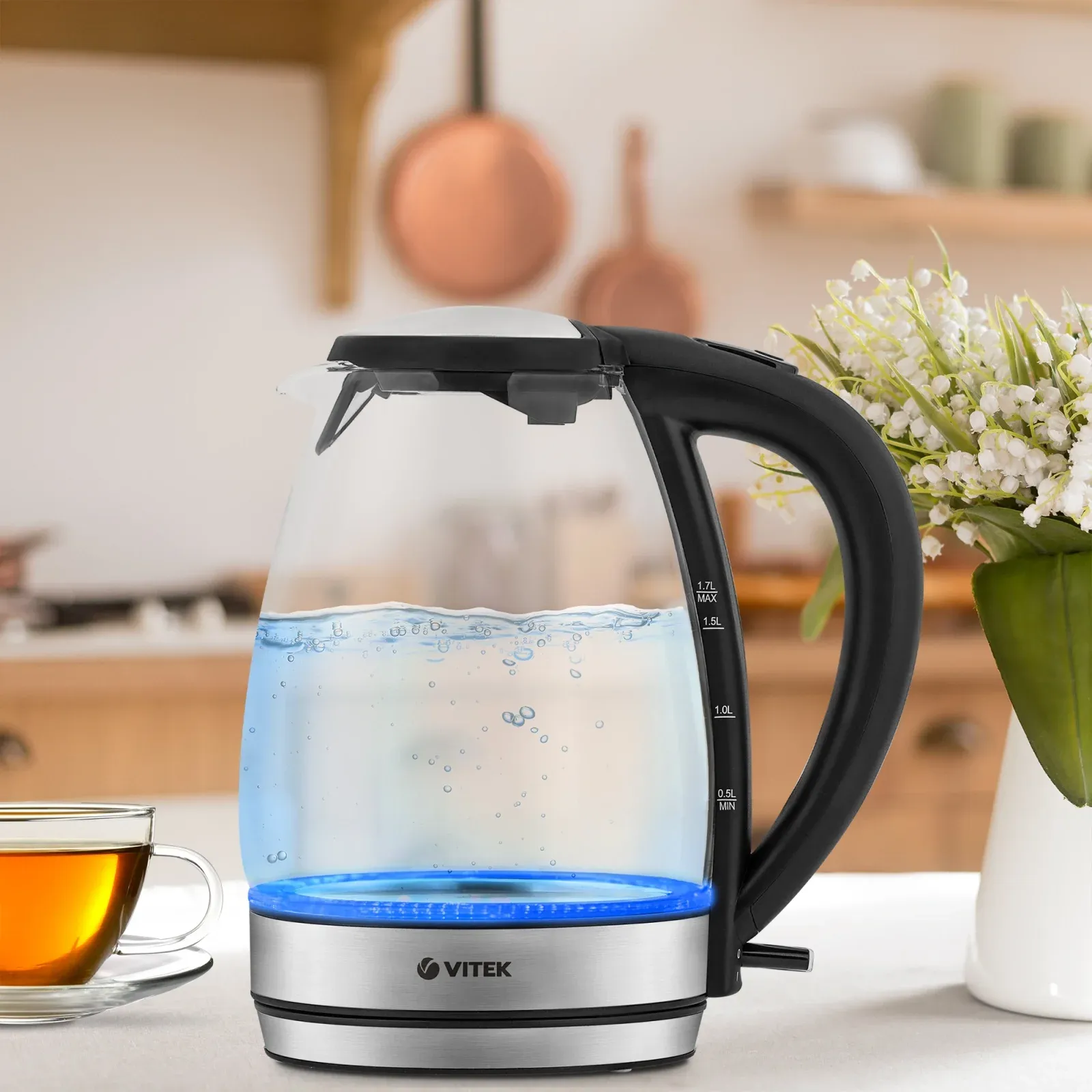 Чайник электрический Vitek VT-7046 1.7л. 2200Вт прозрачный/черный корпус: пластик/стекло - фото 6