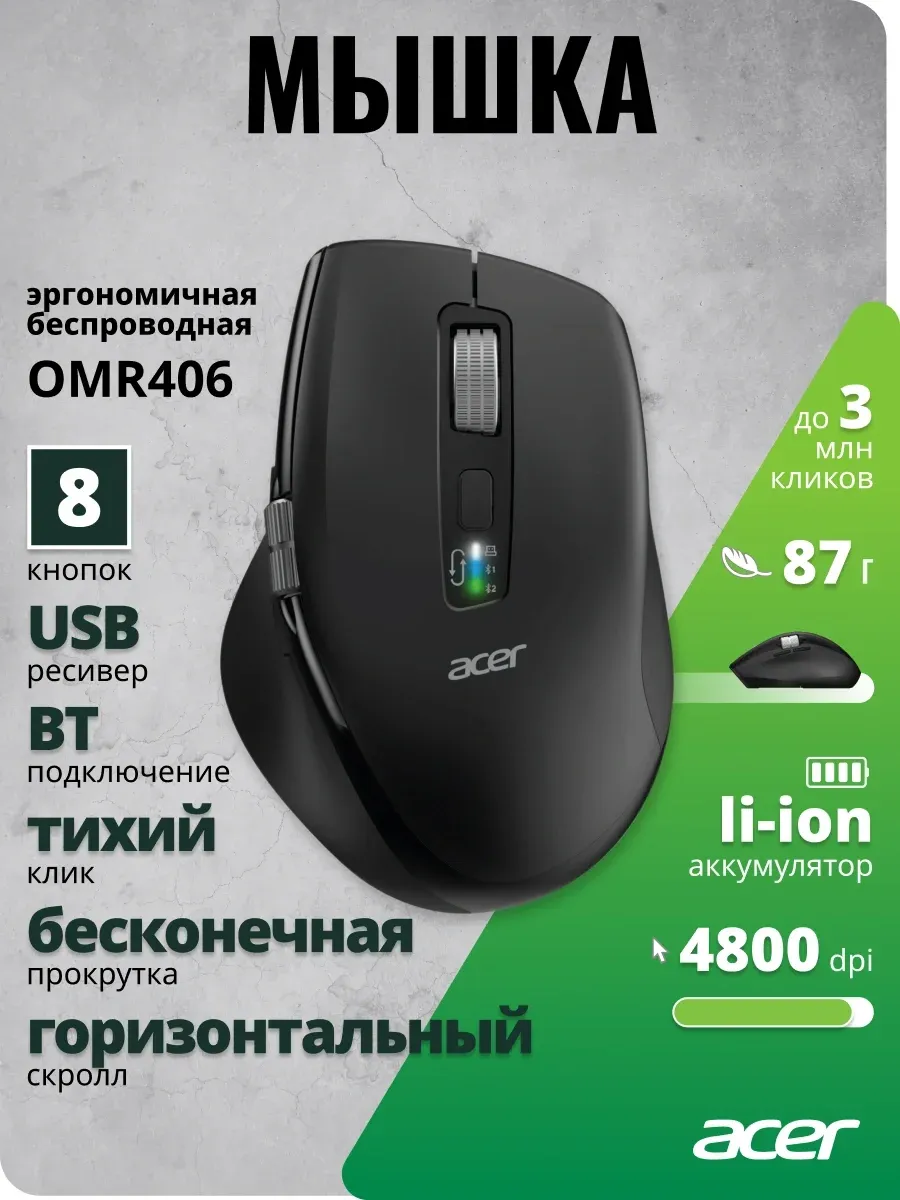 Мышь Acer OMR406 черный оптическая 4800dpi беспров. BT/Radio USB 8but ZL.MCEEE.02W - фото 7