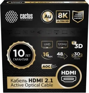 Кабель аудио-видео Cactus CS-HDMI-AOC-2.1-30 HDMI m/HDMI m 30м. позолоч.конт. черный - фото 5