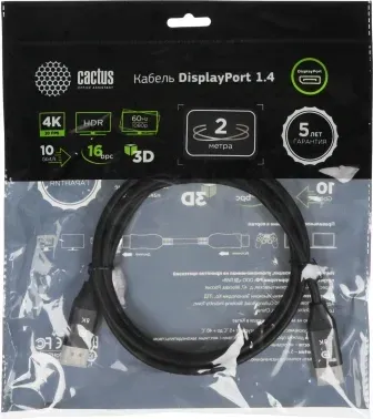 Кабель аудио-видео Cactus CS-DP-DP-1.4-2 DisplayPort m/DisplayPort m 2м. позолоч.конт. черный - фото 8