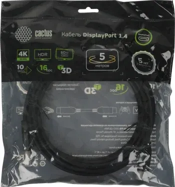 Кабель аудио-видео Cactus CS-DP-DP-1.4-5 DisplayPort m/DisplayPort m 5м. позолоч.конт. черный - фото 6