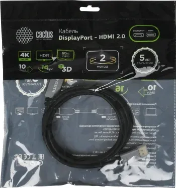 Кабель аудио-видео Cactus CS-DP-HDMI-1.2-2 DisplayPort m/HDMI m 2м. позолоч.конт. черный - фото 8