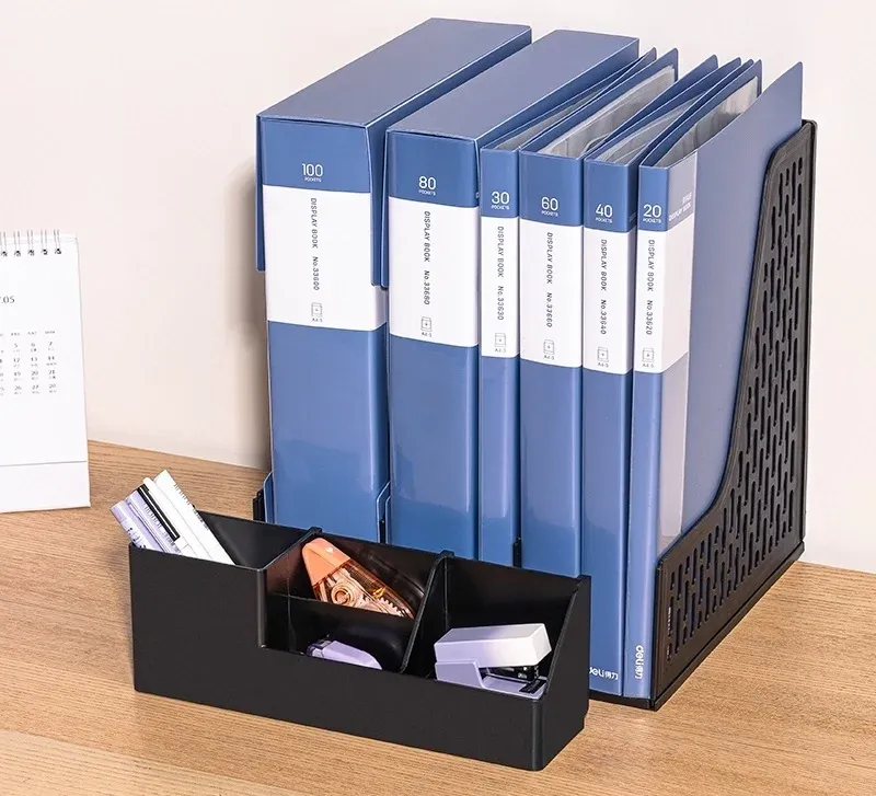 Лоток вертикальный Deli E9847 BLACK 3отд. сборный для бумаг 253x320x275мм черный пластик пластиковый пакет - фото 4