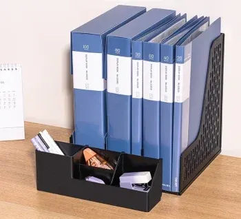 Лоток вертикальный Deli E9847 BLACK 3отд. сборный для бумаг 253x320x275мм черный пластик пластиковый пакет - фото 8