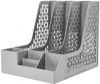 Лоток вертикальный Deli E9847 GREY 3отд. сборный для бумаг 253x320x275мм серый пластик пластиковый пакет - фото 2