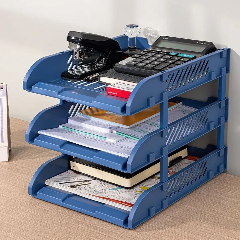 Лоток горизонтальный Deli E9213 BLUE сборный для бумаг 325x241x155мм синий пластик упак.:3шт пластиковый пакет - фото 3