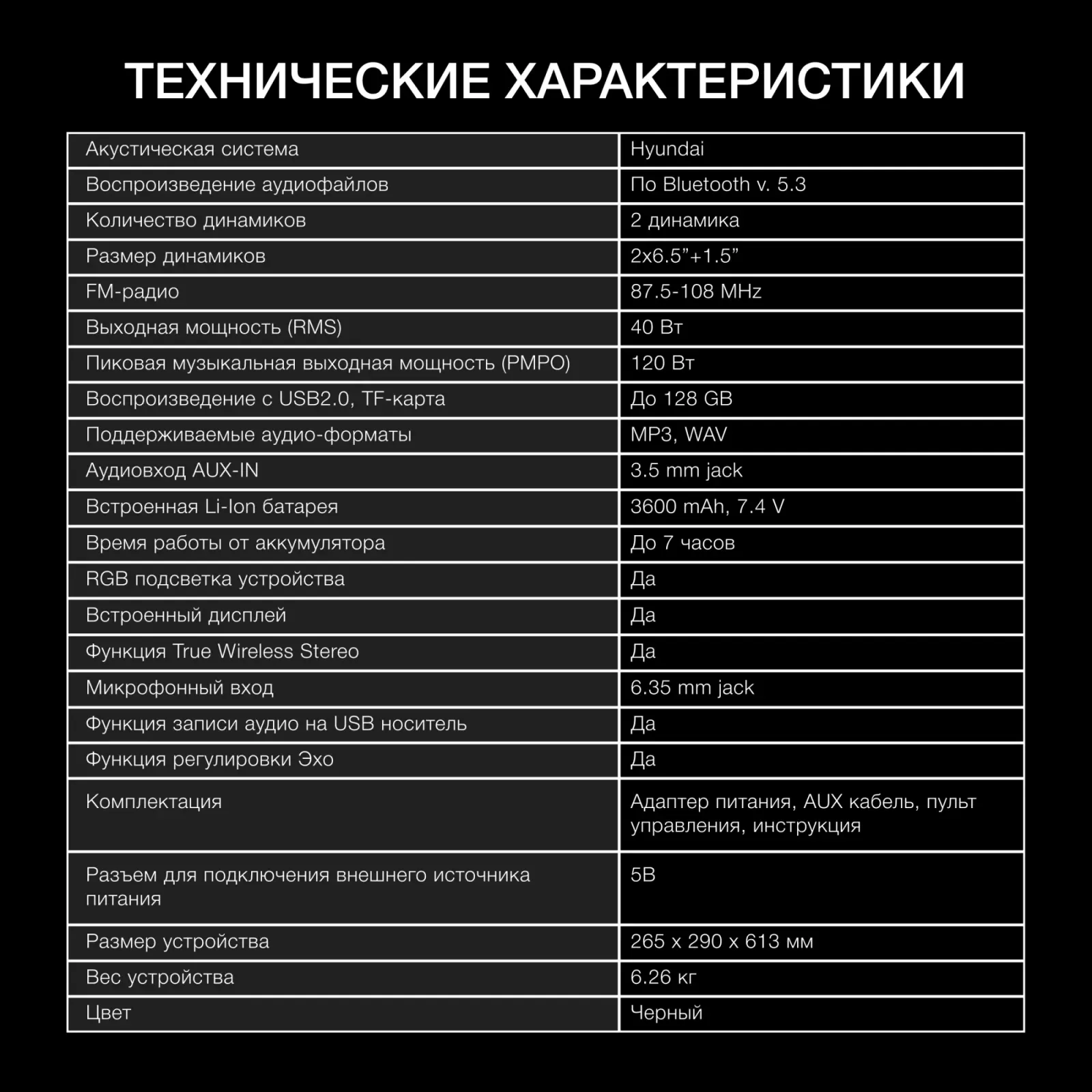 Колонка порт. Hyundai H-PS1027 черный 80W 2.0 BT 10м 3600mAh - фото 6