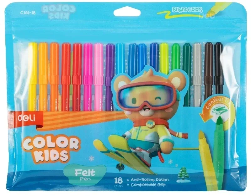 Фломастеры Deli EC161-18 Color Kids круг. конический пиш. наконечник Вентилируемый 18цв. пакет с европодвесом - фото 1