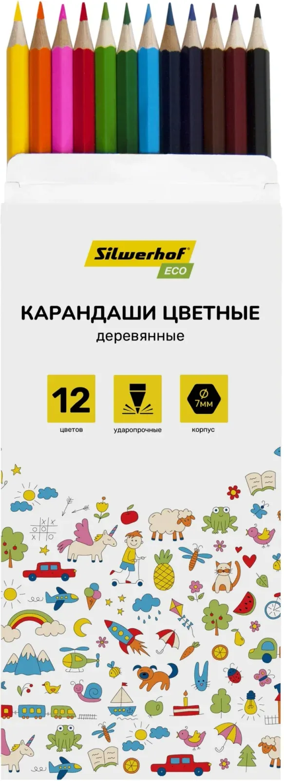 Карандаши цв. Silwerhof Eco 2.65мм шестигран. дерево ассорти 12цв. коробка/европод. - фото 3