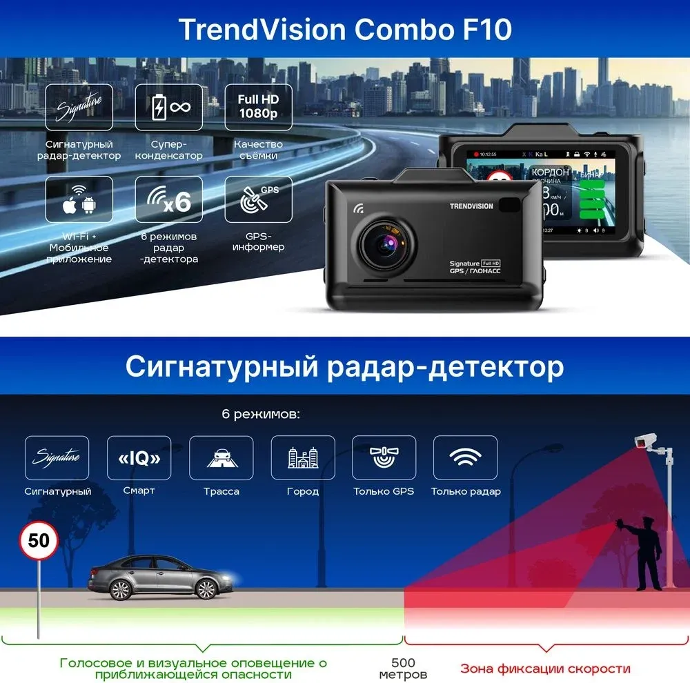 Видеорегистратор с радар-детектором TrendVision Combo F10 1080p 170гр. GPS MSTAR 8336 - фото 2